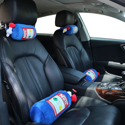 JDM NOS Nitrous Bottle Plushie — Blue headrest pillow in car seat